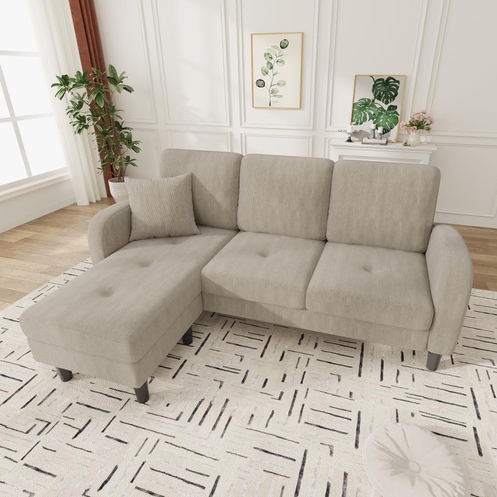 Divano angolare a L con chaise longue, tre posti, 166 x 118 x 77 cm, tessuto in velluto a coste traspirante, gambe in plastica, design modulare, ideale per il soggiorno (Marrone chiaro)