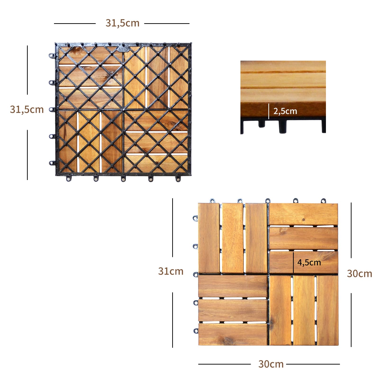 COSTWAY Houten tegels balkon, 30 x 30 cm, acaciahout, set van 27 terrastegels 2,43 m², balkontegels met kliksysteem, vloerbedekking, weerbestendig, voor terras, balkon en tuin, houtkleur (ruitpatroon