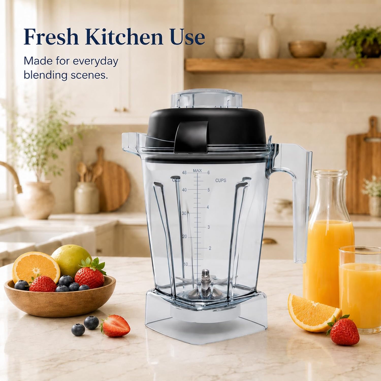 48oz Low-Profile Blender Pitcher, Compatible with Vitamix 5200 5300 750 7500 5000 6300 E310 E320, Replacement Container with Stainless Steel Blades – Fits Classic & Explorian Series