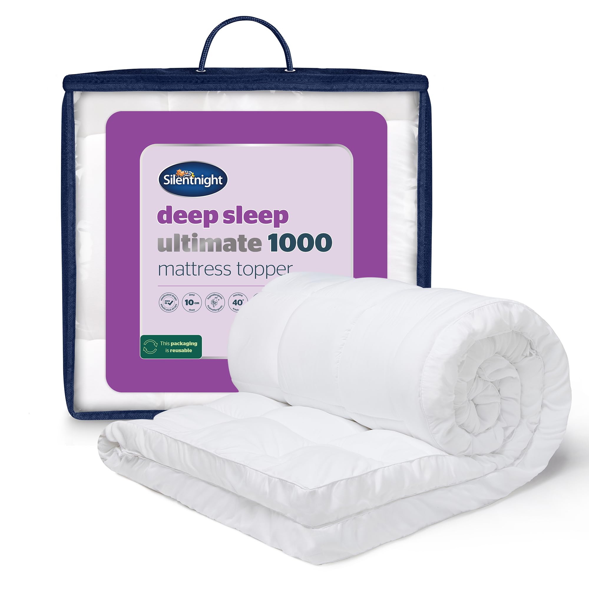 Silentnight Ultimate Deep Sleep 10cm Mattress Topper Double Bed - Luxury 4 Inch Thick Soft Mattress Enhancer Pad with Easy Fit Straps – Hypoallergenic and Machine Washable – Double – 190x135cm