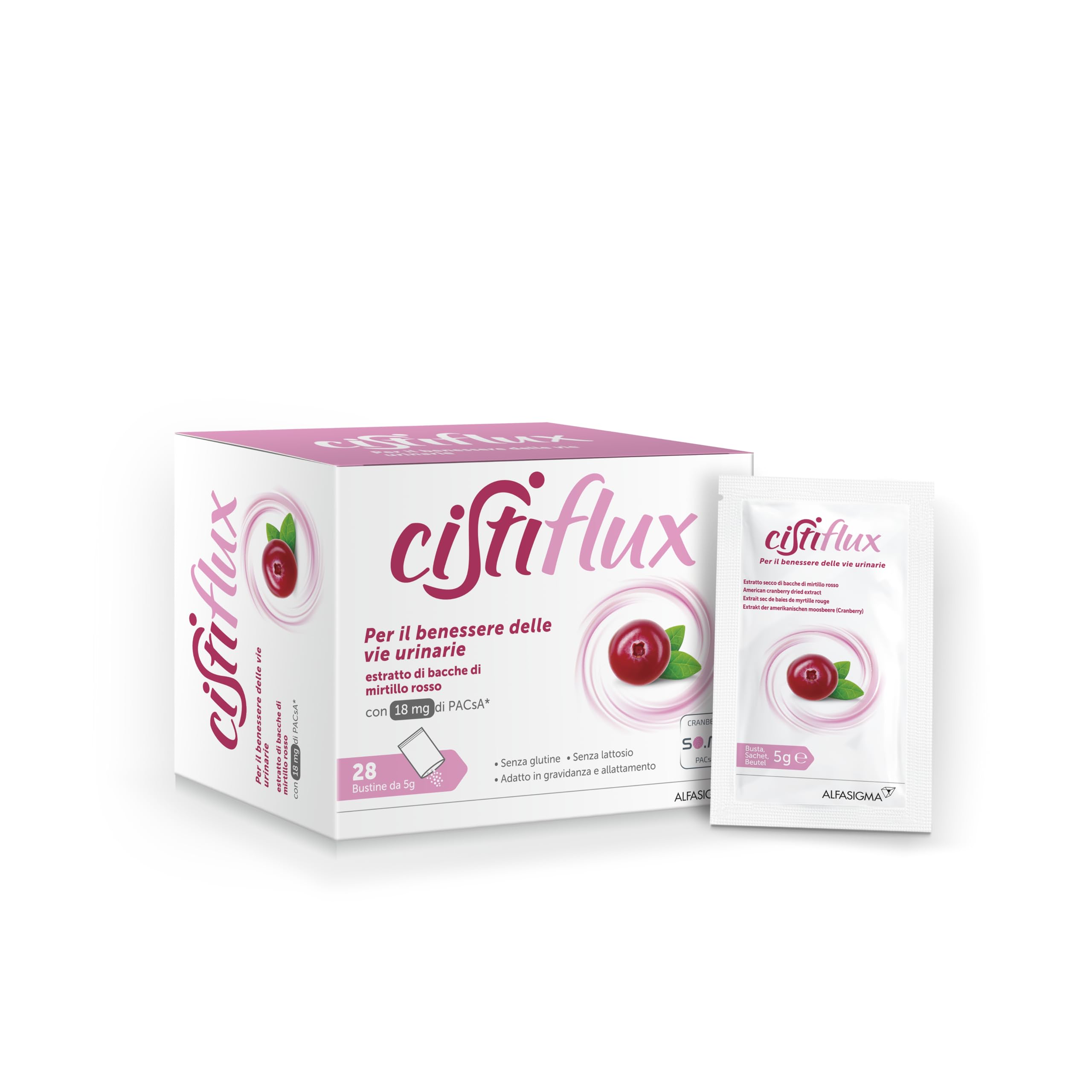 Cistiflux, Integratore a Base di Estratto di Mirtillo Rosso,Cranberry Americano, e D-Mannosio,per Favorire Una Corretta Funzionalità delle Vie Urinarie, 28 Bustine, Gusto Frutti di Bosco