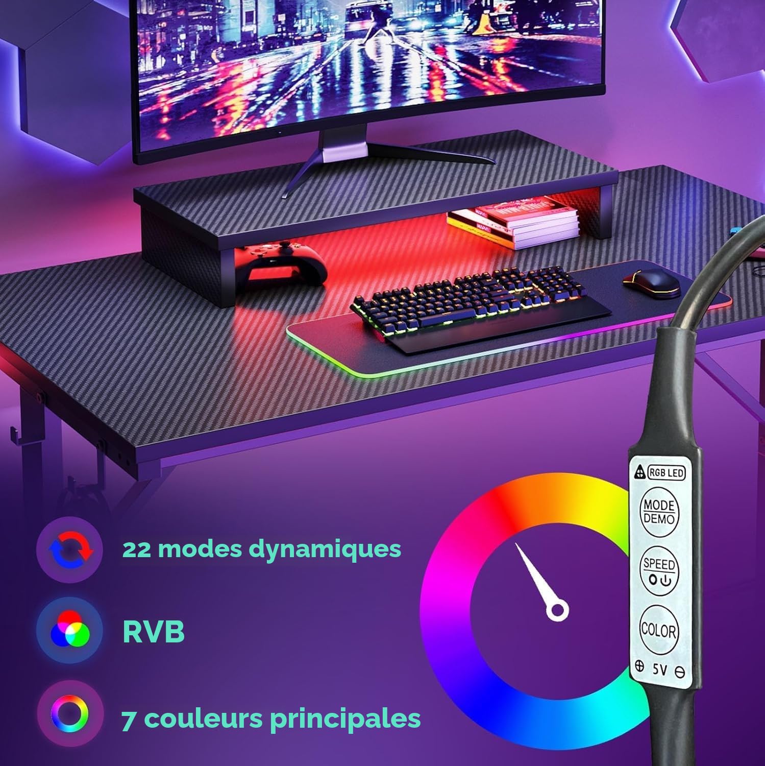 Bestier Bureau Gamer 106 cm avec LED, Support Écran, Porte-Gobelet et Crochet Casque – Table Compacte Design Fibre de Carbone Noire pour Bureau ou Chambre
