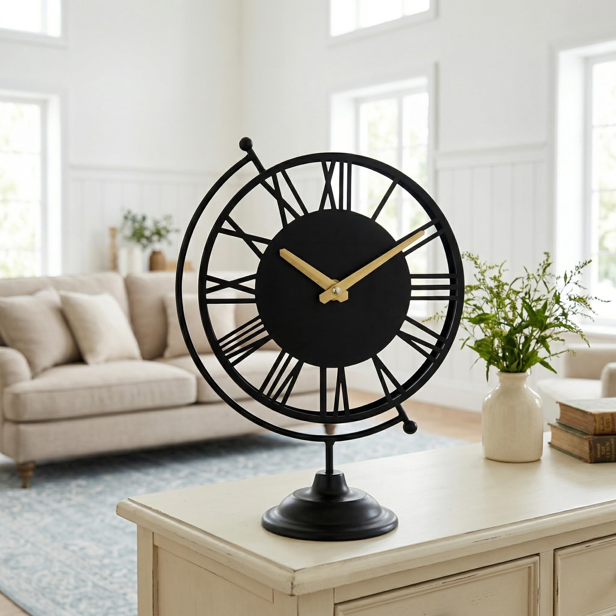 Reloj de mesa de globo negro de diseño exclusivo vintage con acabados premium y números romanos