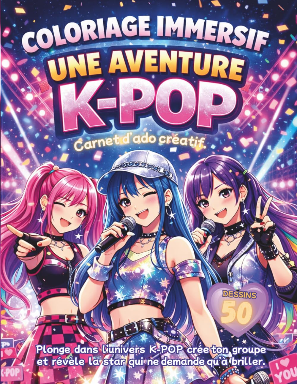 COLORIAGE IMMERSIF - UNE AVENTURE K-POP: Carnet d’ado créatif – 50 dessins pour créer ton groupe K-Pop et révéler la star en toi – Activité sans écran – Idée cadeau fille