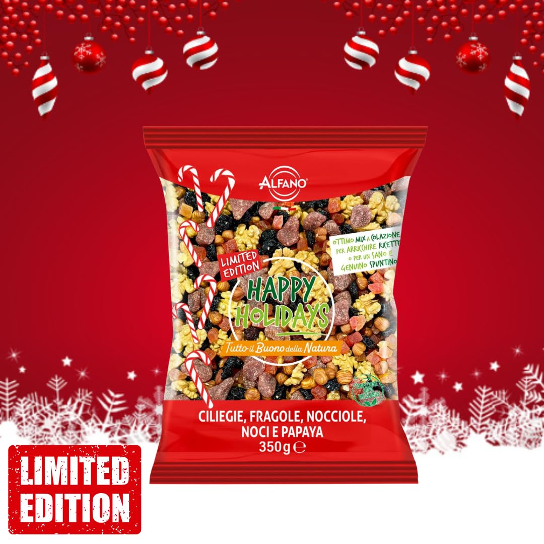 Alfano dal 1940 Misto Happy Holiday 350g Frutta Secca Nocciole, Noci, Ciliegie Disidratate, Fragole Disidratate e Papaya Disidratata (12 Pezzi)