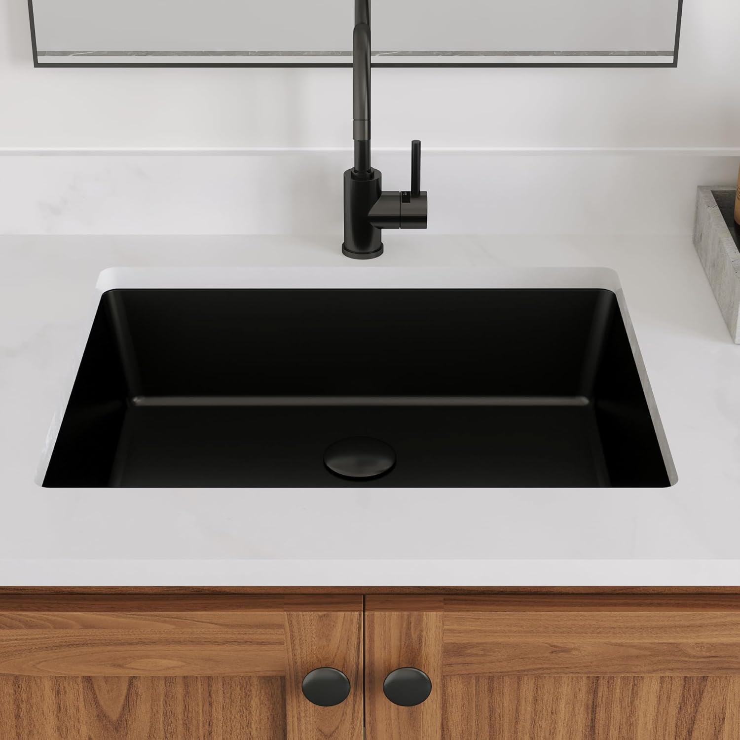 DeerValley 20x16 Inch Black Rectangular Undermount Bathroom Sink, Porcelain Ceramic Vessel Sink with Overflow, Modern Vanity Basin, DV-1U201B
