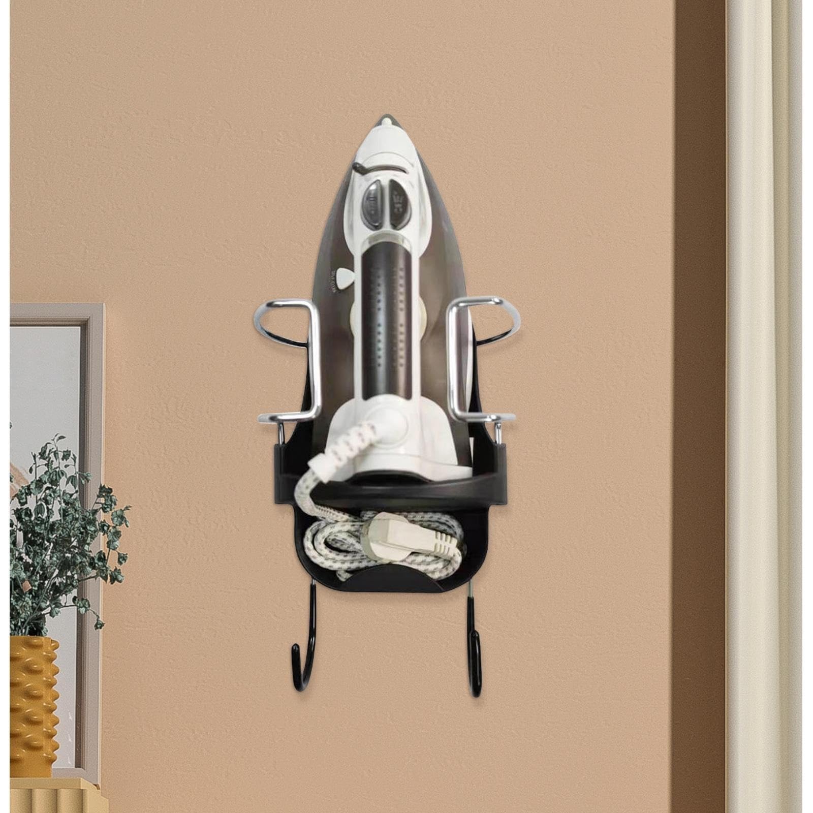 Wandmontierter Elektrischer Bügeleisenhalter Bügelbrett mit Haken, einfacher Bügelaufhänger for Schrank, Badezimmer, Waschküche(Black)
