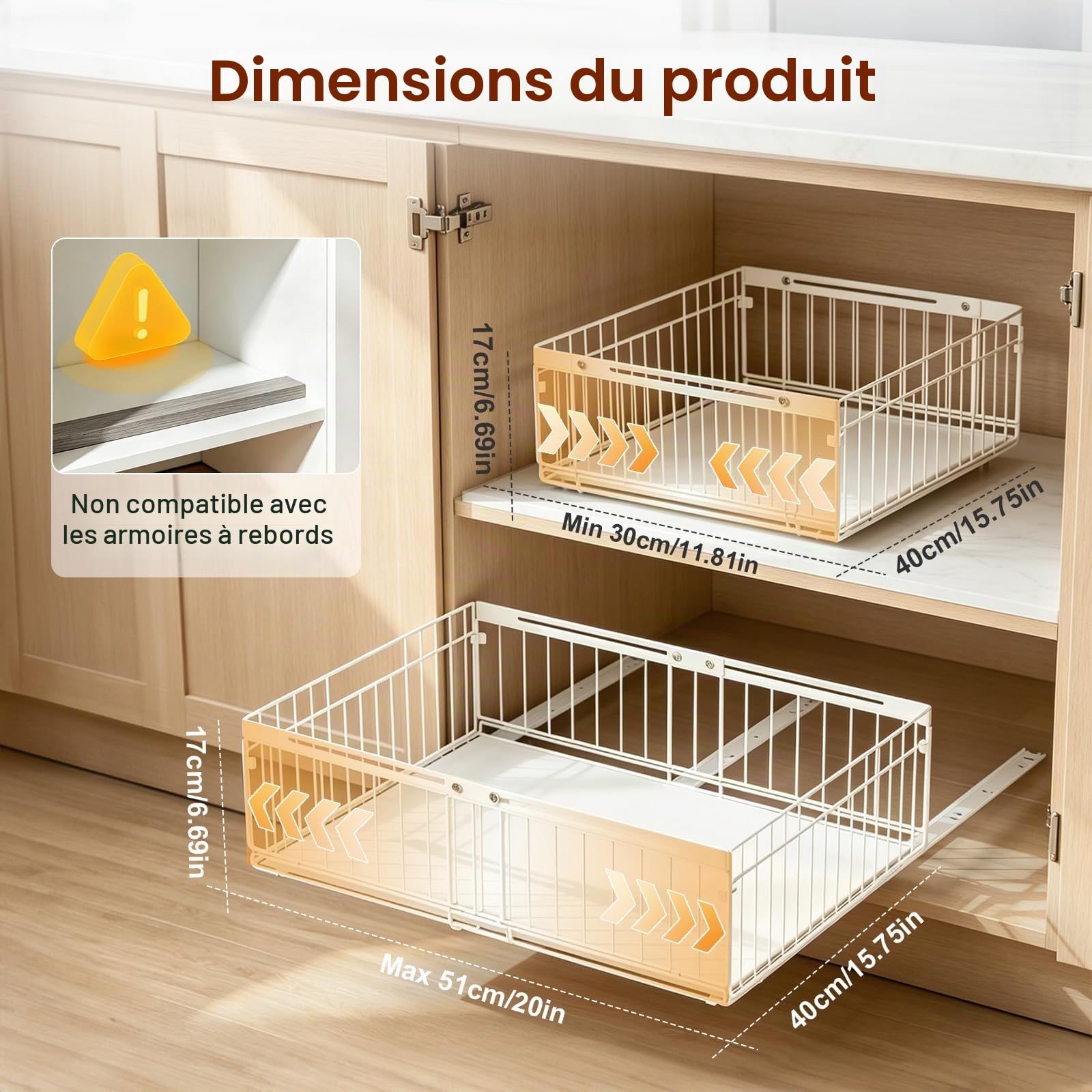 Lot 2 Tiroir Coulissant Cuisine, Extensible 30-51cm,Aucun PerçAge | 30-51cm L x 40cm P x 17cm H Adhesif Tiroirs Coulissant Acier Carbone, Organisateur de Tiroir Coulissants Placard Cuisine