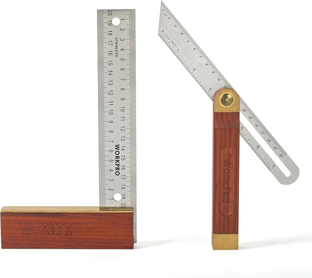 WORKPRO Carpentry Squares Set 2-Piece, Try Square 8-Inch/200mm, Adjustable Sliding Bevel 9-Inch/230mm, Hardwood Handle Stainless Steel Blade for Craftsman Woodworking