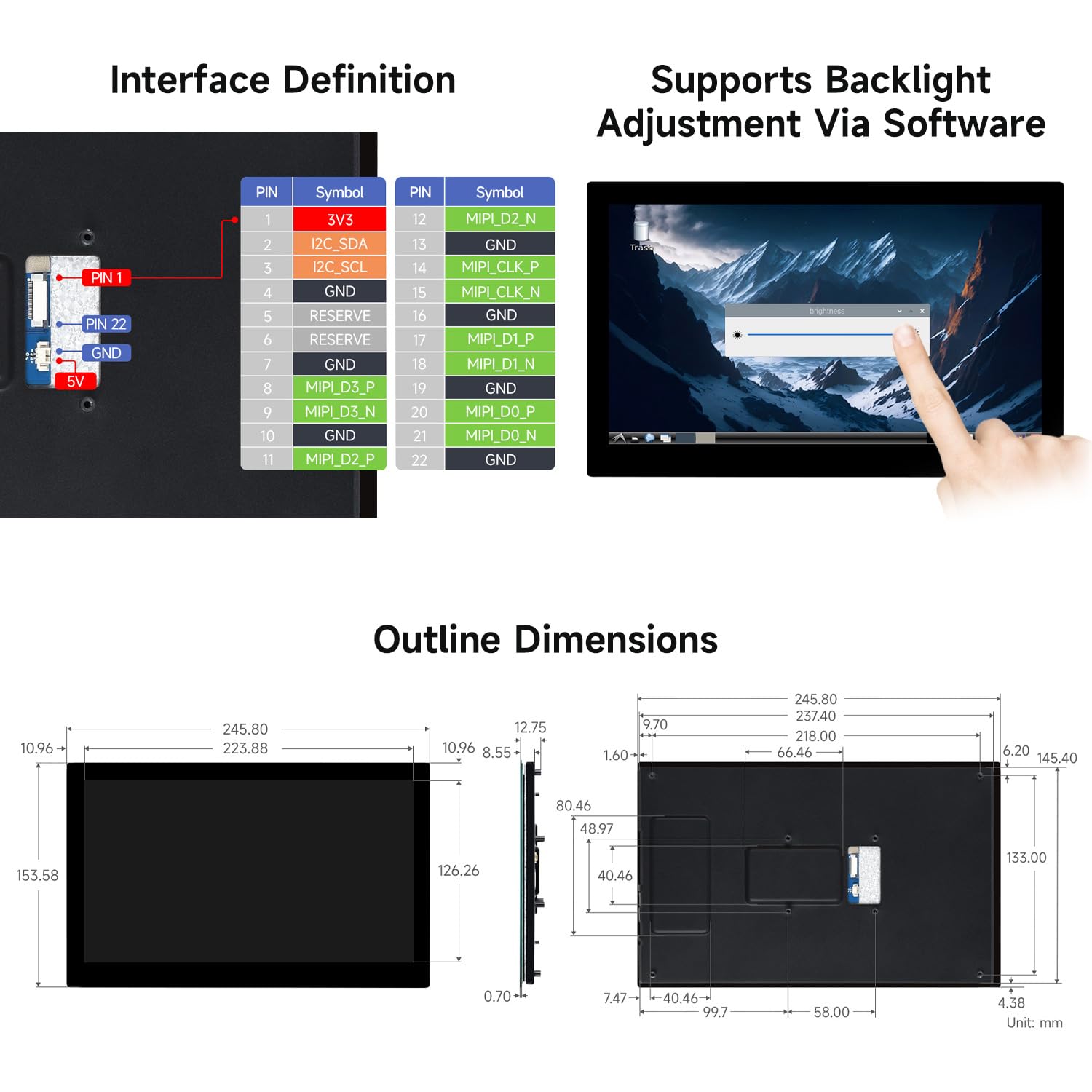 Waveshare 10.1inch DSI Capacitive Touch Display, Compatible with Raspberry Pi 5/4B and ESP32-P4, Wide Color Gamut, 720 × 1280, IPS Panel, Supports 10-Point Touch, Toughened Glass Panel