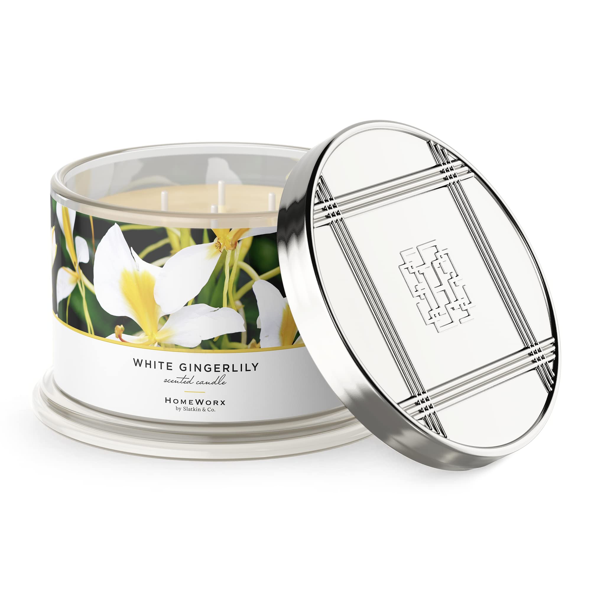 Premium Scented 4-Wick Candle, White Gingerlily, HomeWorx by Slatkin & Co - 18 oz - Long-Lasting Jar Candle, 30-55 Hours Burn Time - Notes of White Gingerlily, Bamboo, Island Lily & Blooming Jasmin