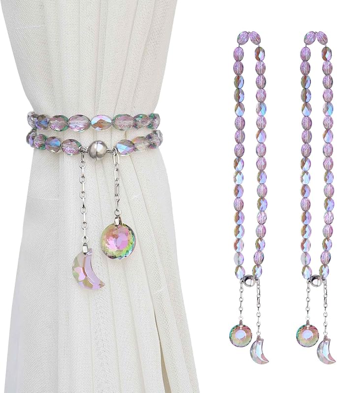 PEDOBO Magnetic Curtain Tiebacks, 2 Pack Crystal Beaded Sun & Moon Pendants Sheers/Draperies Holdbacks for Window Home Office Decor (Purple)