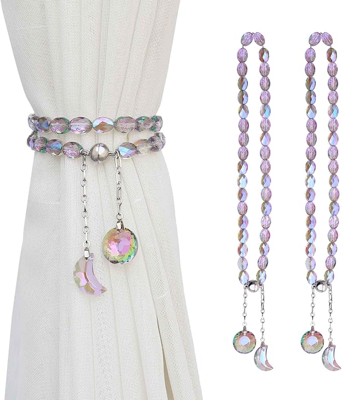 Magnetic Curtain Tiebacks, 2 Pack Crystal Beaded Sun & Moon Pendants Sheers/Draperies Holdbacks for Window Home Office Decor (Purple)