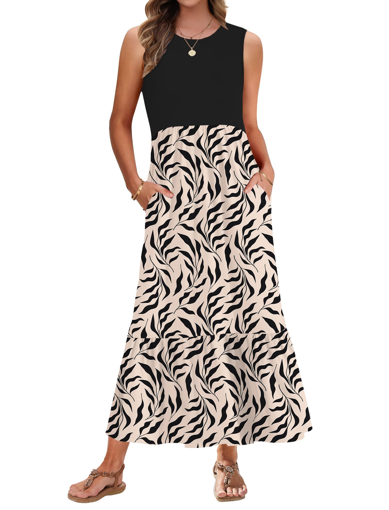 AUSELILY Summer Dresses for Women UK Sleeveless Maxi Ladies Beach Coverups Sun Dresses Tiered Long Dress with Pockets Black New KK BK Leaf M