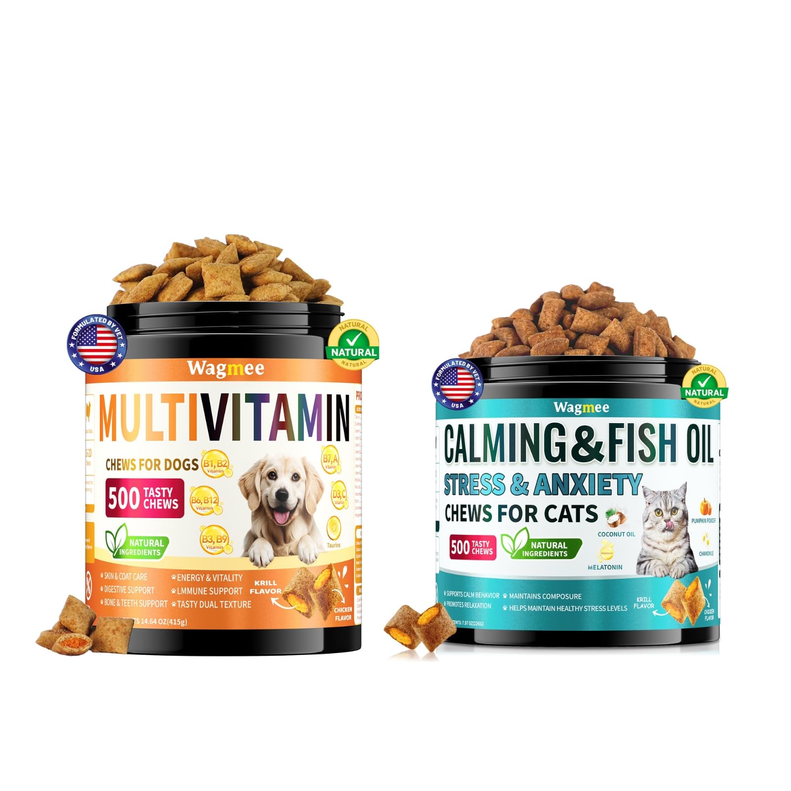 Wagmee Cat Calming Treats - 500 Crunchy & Creamy Cat Chews with Melatonin and Dog Multivitamin