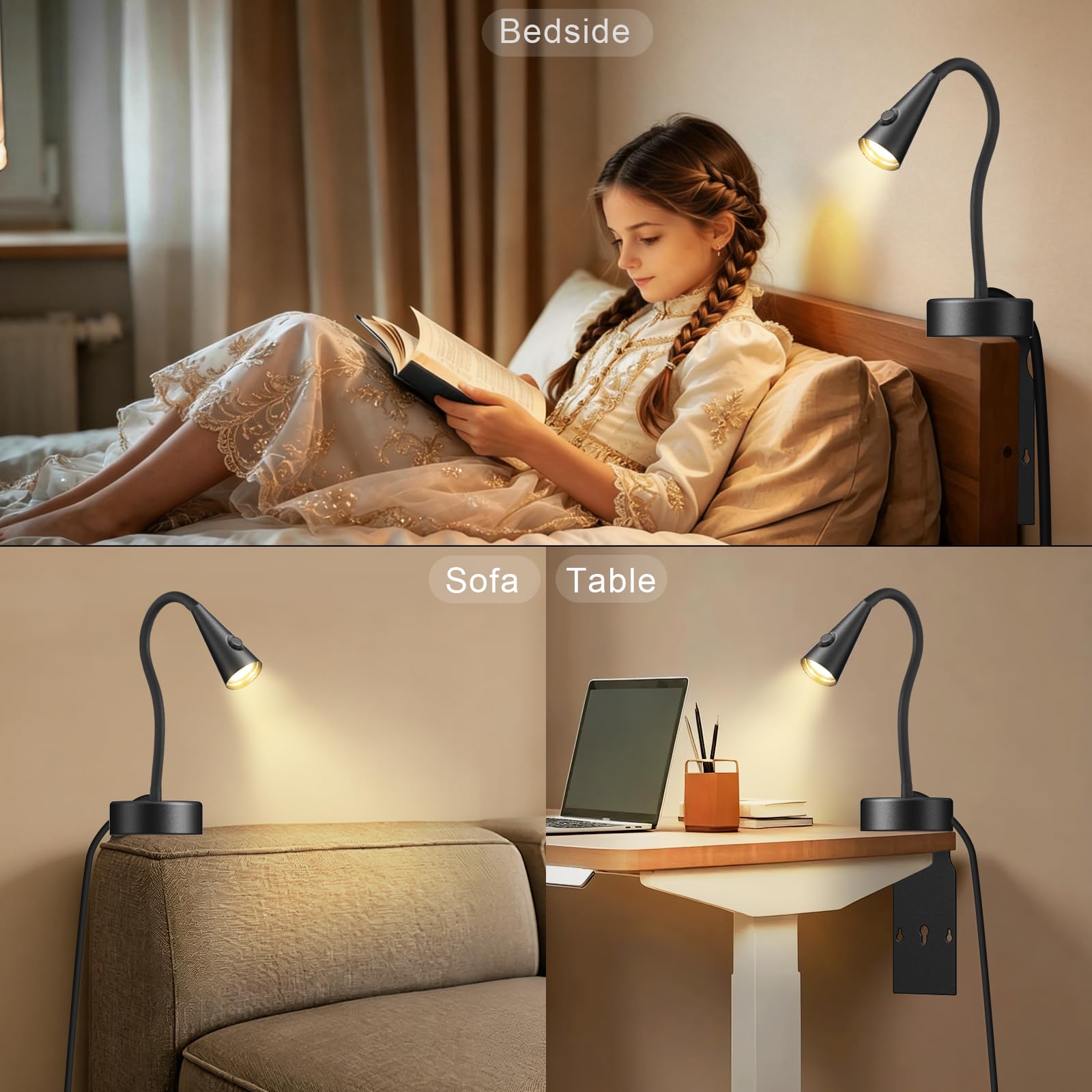 LED Leselampe Bett ohne Bohren, Einschub Wandleuchte für Kopfteil, Dimmbar & Farbtemperatur Einstellbar, Wandlampe mit 360° Schwanenhals, Flexible Nachttischlampe Schwarz mit Schalter