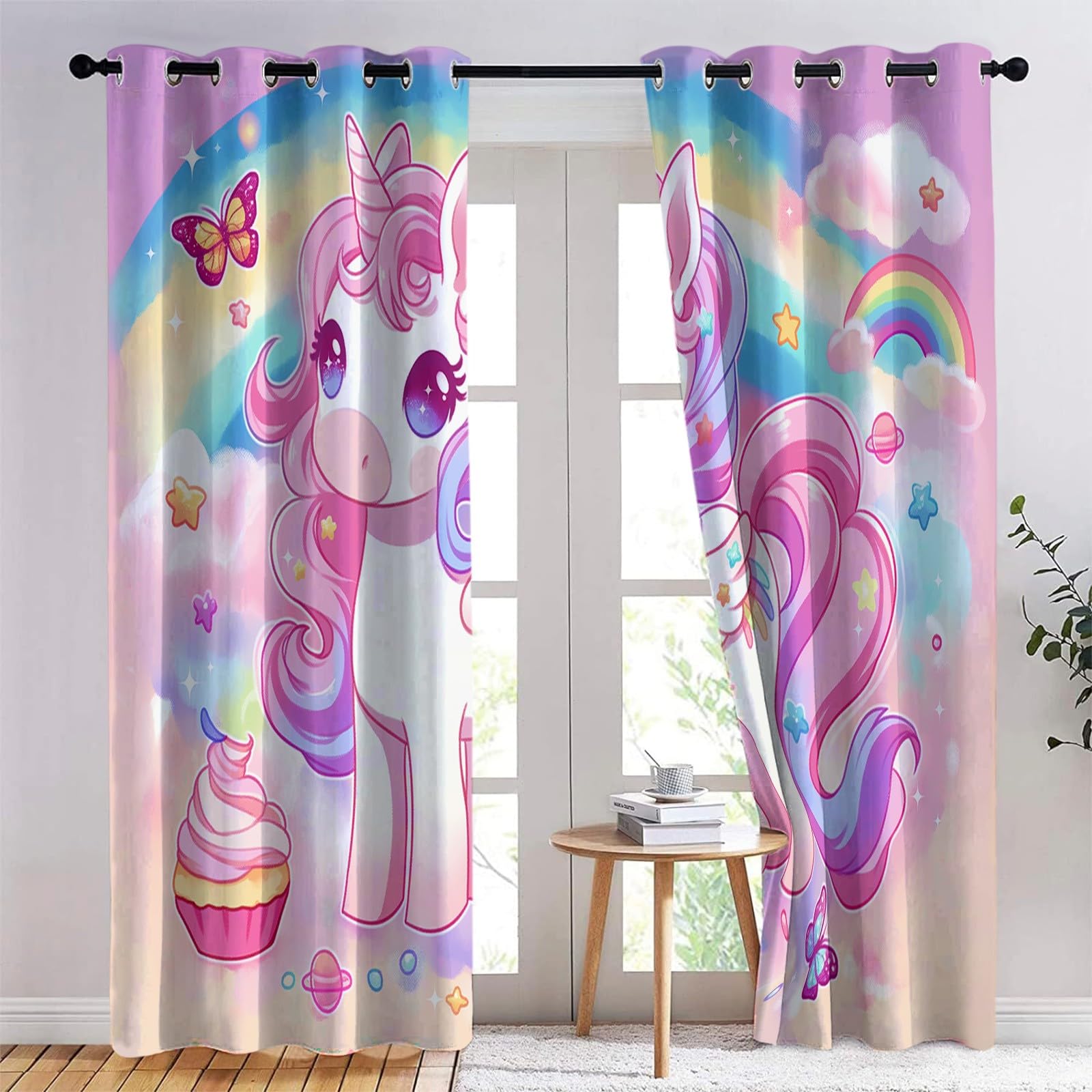 Rideaux Occultants Thermiques Dessin Animé Mignon Licorne Arc-en-Ciel Rose, Rideaux Opaques à Œillets pour Salon et Salle à Manger, Isolation Thermique Moderne, L117 x H138 cm, Lot de 2