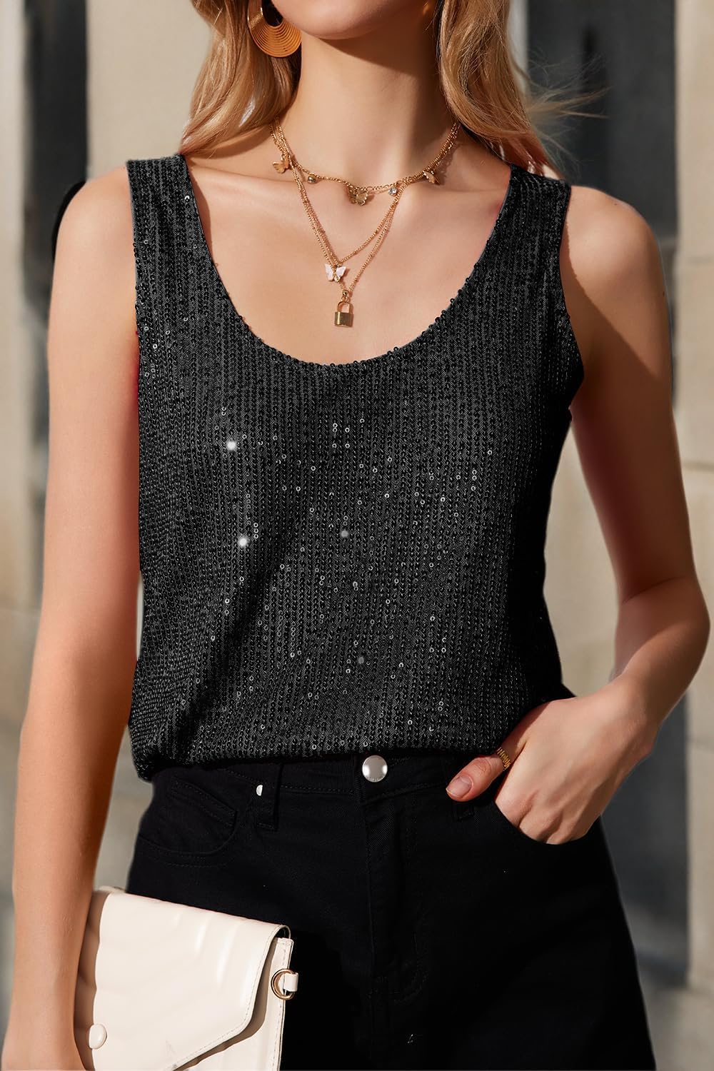 MLEBR Womens Summer Fashion Sequin Tops Scoop Neck Sequin Sparkle Shimmer Sleeveless Tanks Tops Blouses - Image 9