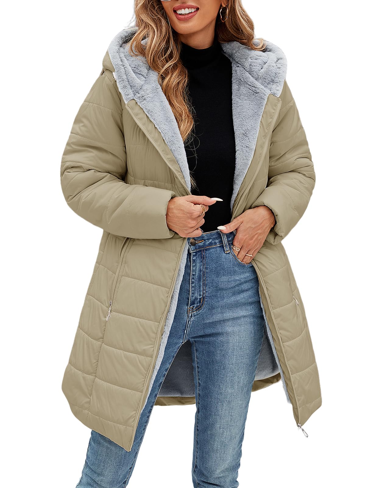 Wintermantel Damen Fleecejacke Wildleder-Sherpa-Jac Produktbild-Vorschau 5