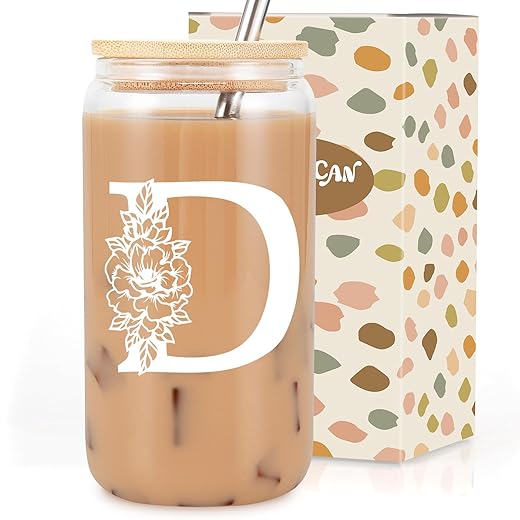 Coolife Initial Glass Cup, Monogrammed Gifts for Women, 16 oz Glass Cups w/Lids Straws, Iced Coffee Smoothie Beer Glass Tumbler w/Straw Lid - Personalized Valentines Day Birthday Gifts for Her
