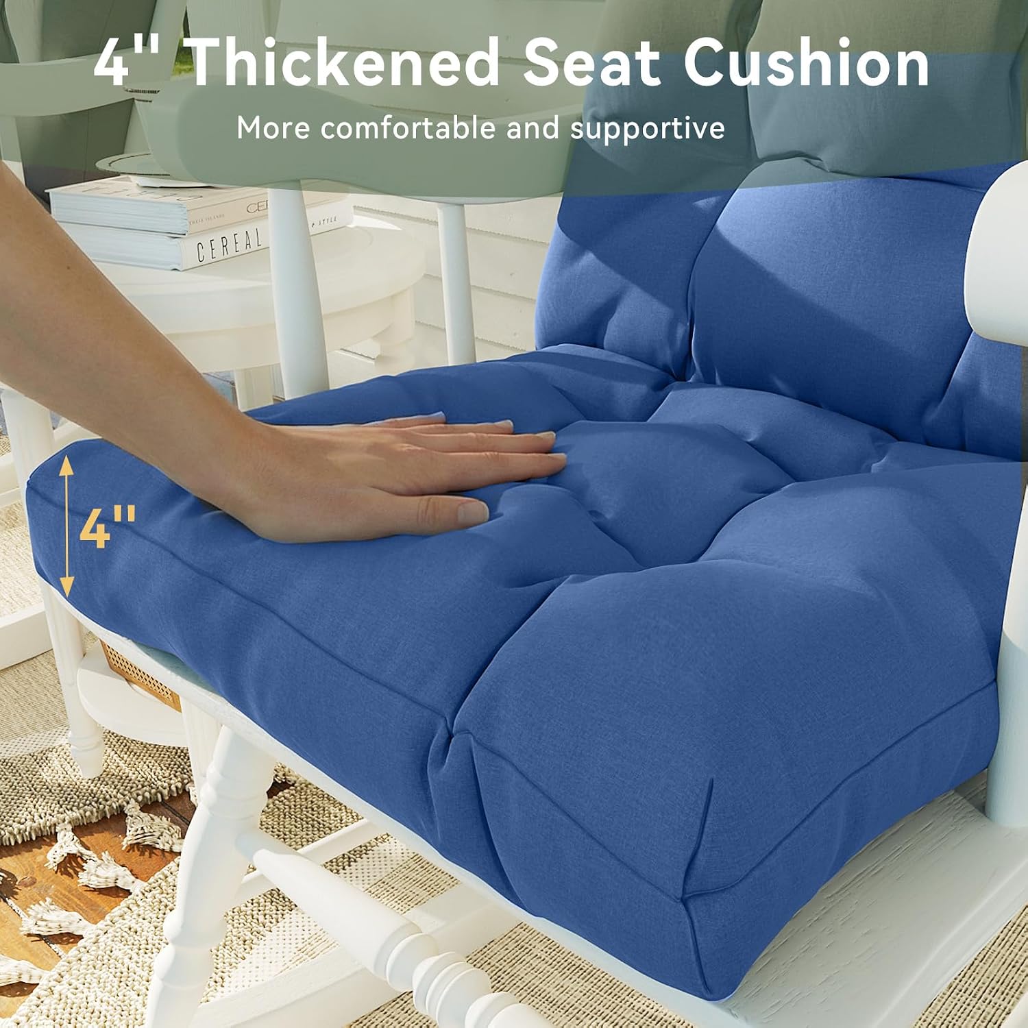 Aoxun Adirondack Chair Cushion, Indoor/Outdoor Rocking Chair Cushion with Ties, Thickened High Back Patio Chair Cushions with High Elasticity PP Cotton Water-Resistant, 2-Pack, Navy Blue