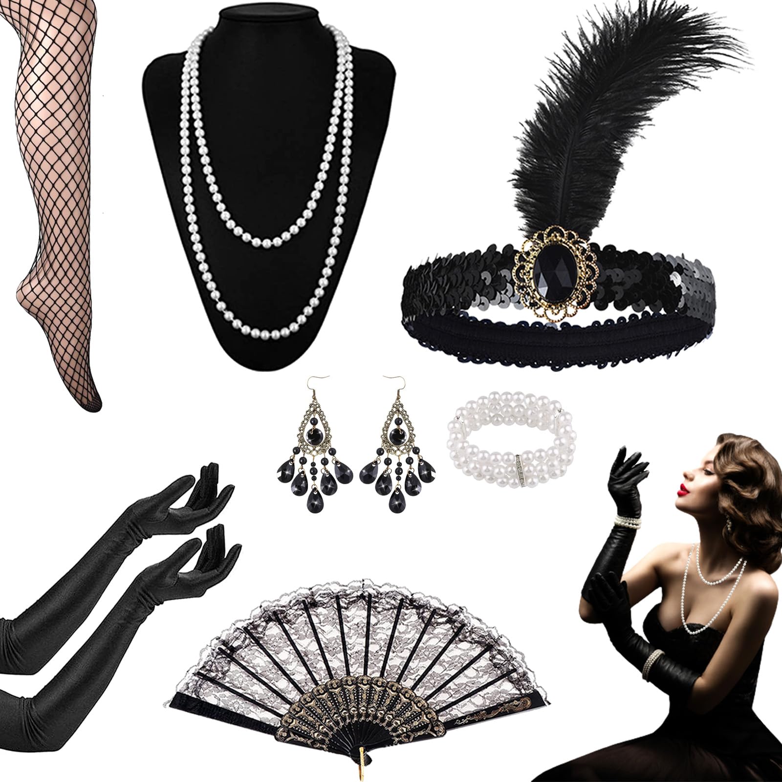 8Pcs 1920s Flapper Great Gatsby Accessories Kit for Women, Roaring 20's Theme Set with Headband Socks Gloves Folding Fan Handheld Prop Necklace Bracelet Earrings for Ladies Carnival Retro Party