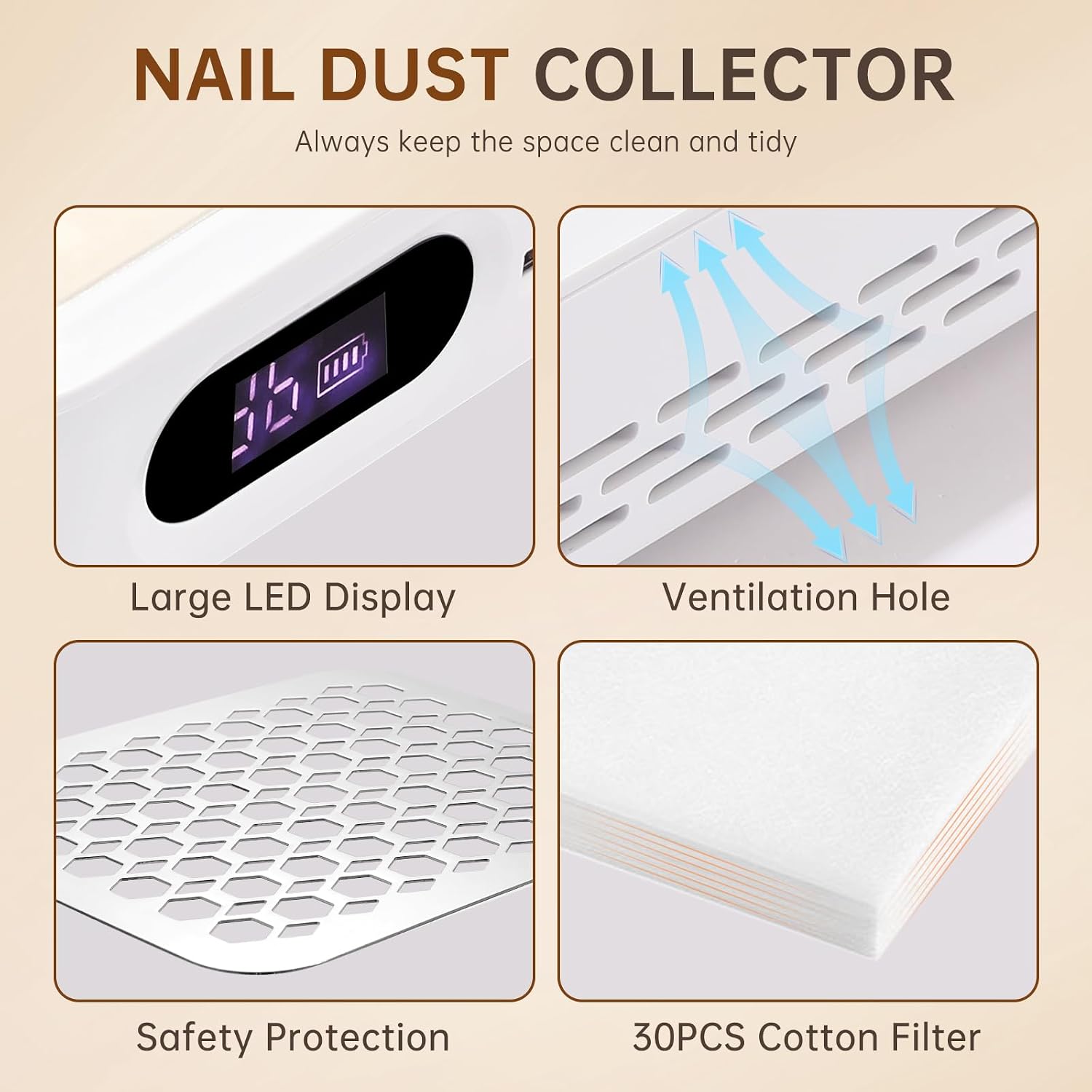 Nail Dust Collector, Rechargeable Dust Collector Nail Tech, Powerful Vacuum Fan Vent Dust Collector Extractor & 503 Nail Dust Collector Replacement Filter, 3PCS Reusable Dust Filter