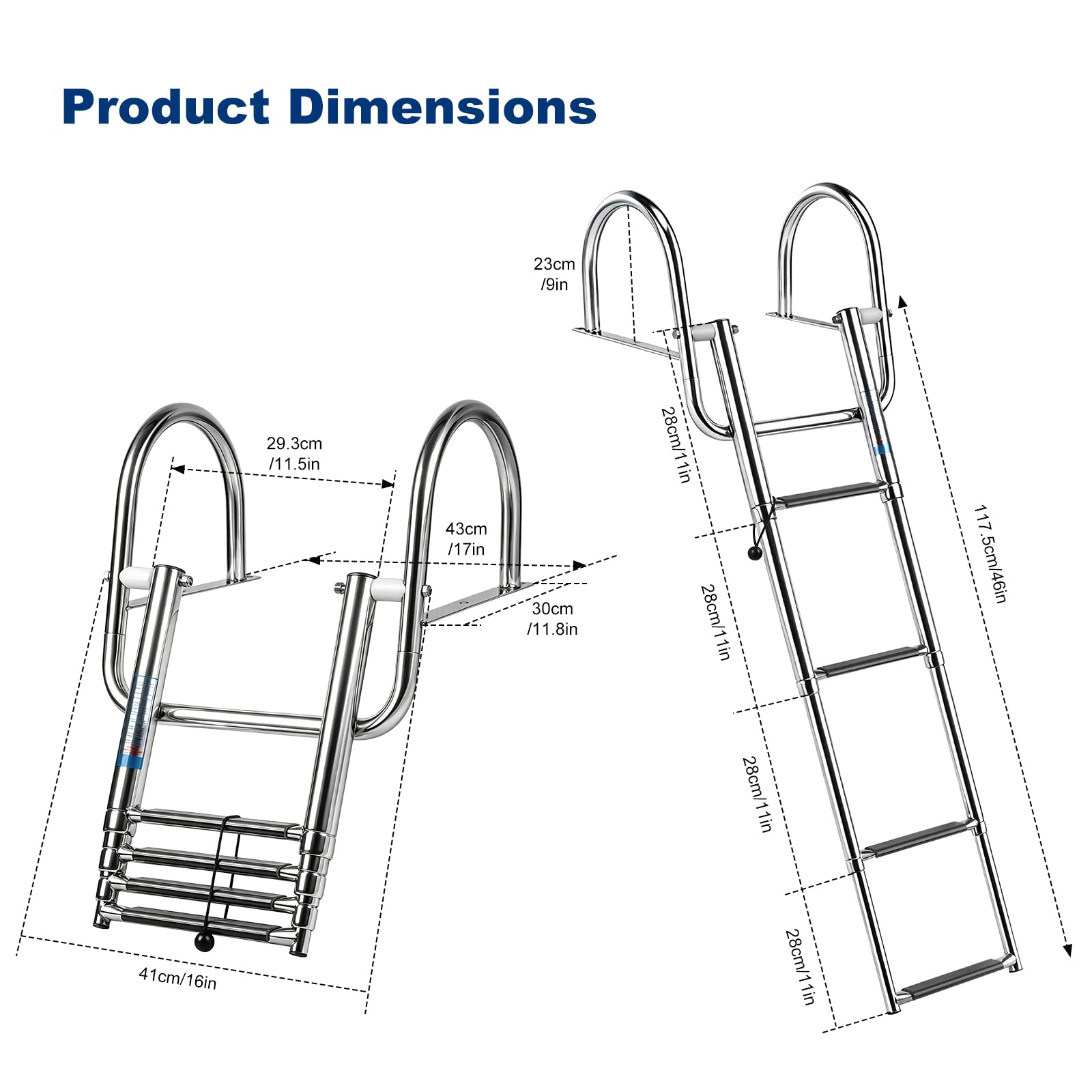 Scaletta per Piscina con 4 Gradini in Acciaio Inox, Scaletta da Barca Pieghevole e Telescopica con Corrimano e Gradini Antiscivolo, per Yacht, Pontone, Molo e Dock, Portata fino a 227kg（S）