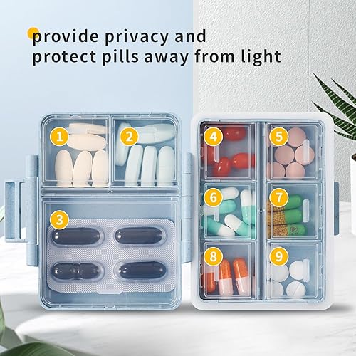 Paquete de 2 pastilleros de viaje con 9 compartimentos, a prueba de humedad, pequeño pastillero para bolsillo, contenedor diario para medicinas y