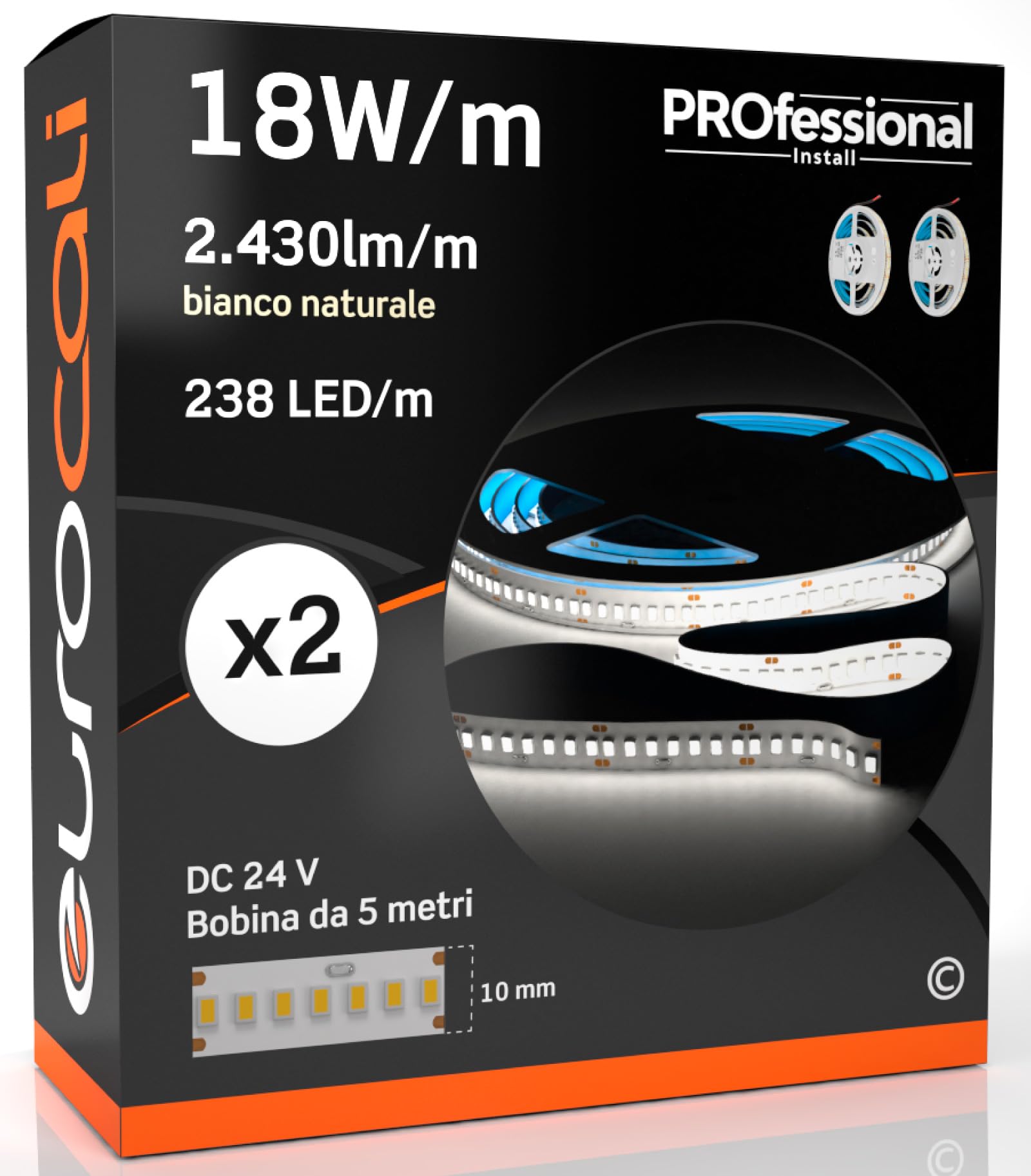 Striscia LED 5 metri Professionale 24V 90W 18 W/mt - KIT con 2 Strisce Monocolore da 1190 LED 238 LED/mt e 12150 Lumen 2430 Lm/mt 135 lm/W - Luce Bianco Naturale 4000K (Pacco 2 Bobine da 5mt)