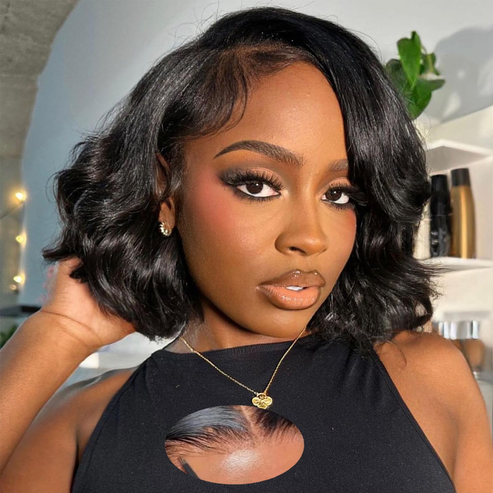 Dunmud Bob Wig Human Hair Wigs For Black Women 4x4 Glueless Lace Front Wigs Human Hair Pre Plucked Short Bob Body Wave Lace Closure Wigs Loose Wave