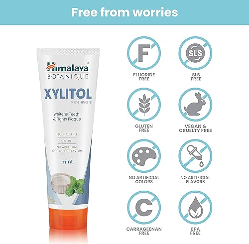 Miniatura 5 de Himalaya Botanique Xylitol Toothpaste, Mint Flavor - Fluoride Free Toothpaste to Whiten Teeth, Fight Plaque and for Fresh Breath - Vegan, Gluten