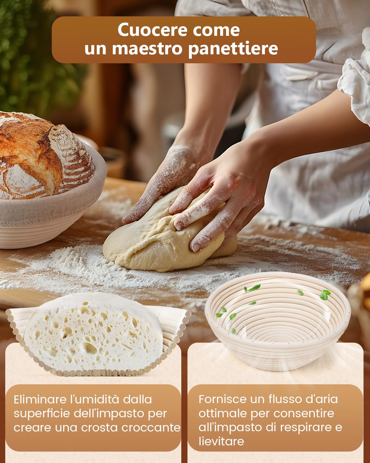Cestino Per Lievitazione Banneton Rotondo In Rattan Naturale - Con Federa In Tessuto Lavabile - 5 Misure: 13, 18, 20, 22, 25 Cm - Accessori Pane Fatto In Casa - 3
