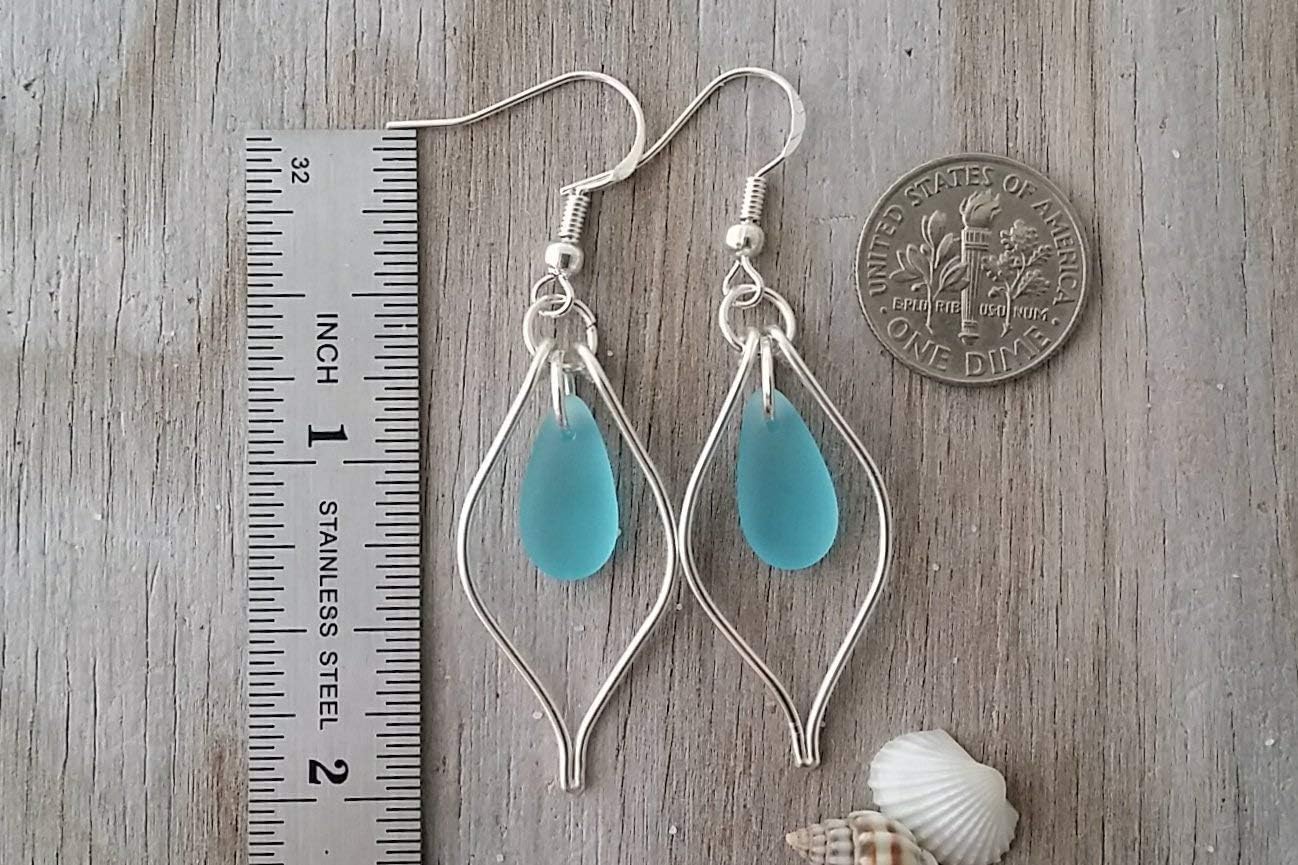 Yinahawaii Handmade Sea Glass Earrings, Hawaiian Jewelry, Wire Loop Turquoise Blue Earrings, Sea Glass Jewelry For Women Birthday Gift (December Birthstone)