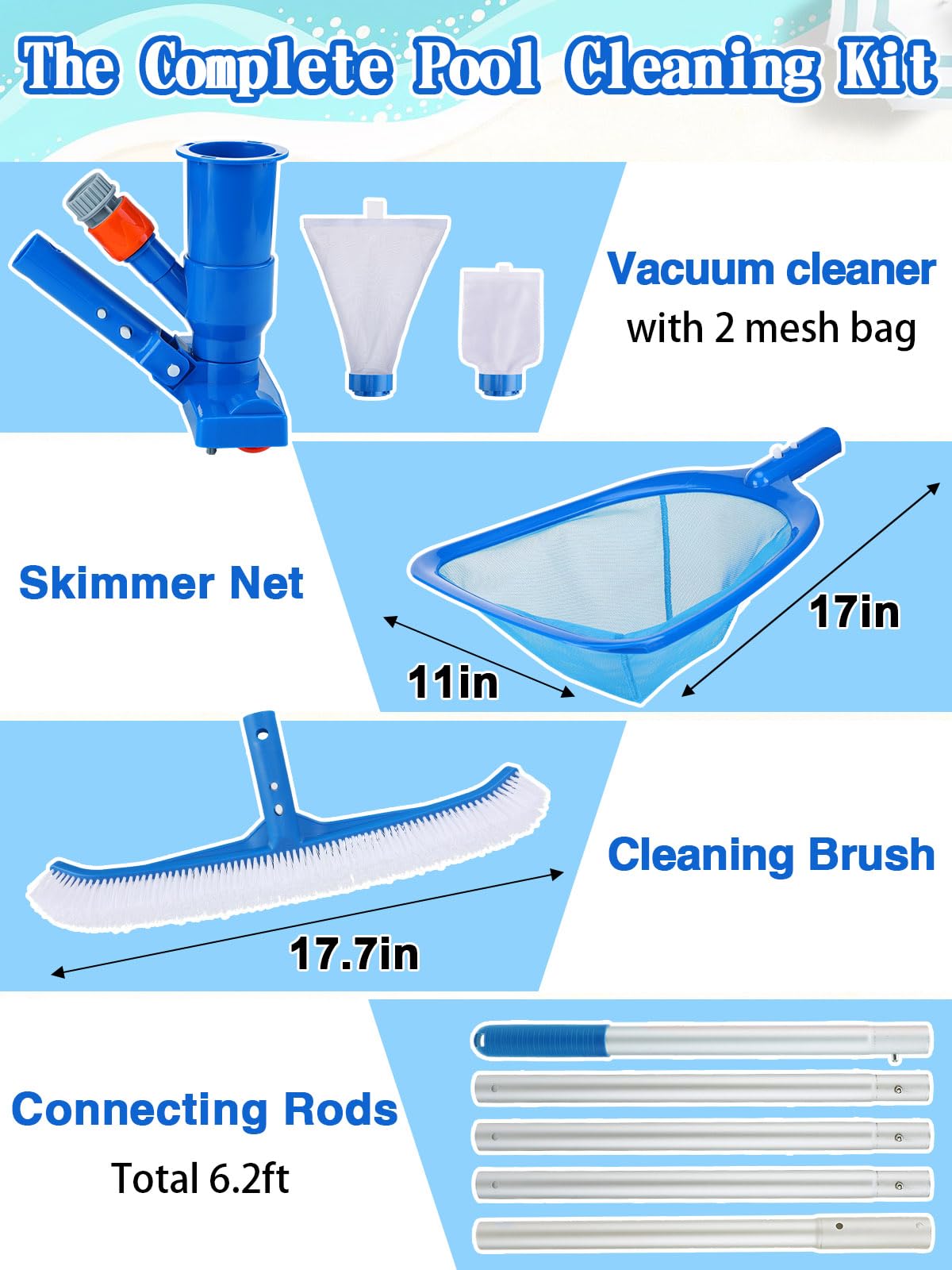 Kit di pulizia portatile 3 in 1 per piscine fuori terra, include aspirapolvere con sacchetti a rete, spazzola, retine per skimmer, asta regolabile da 1,9 m per spa, gonfiabili o piscine con telaio per