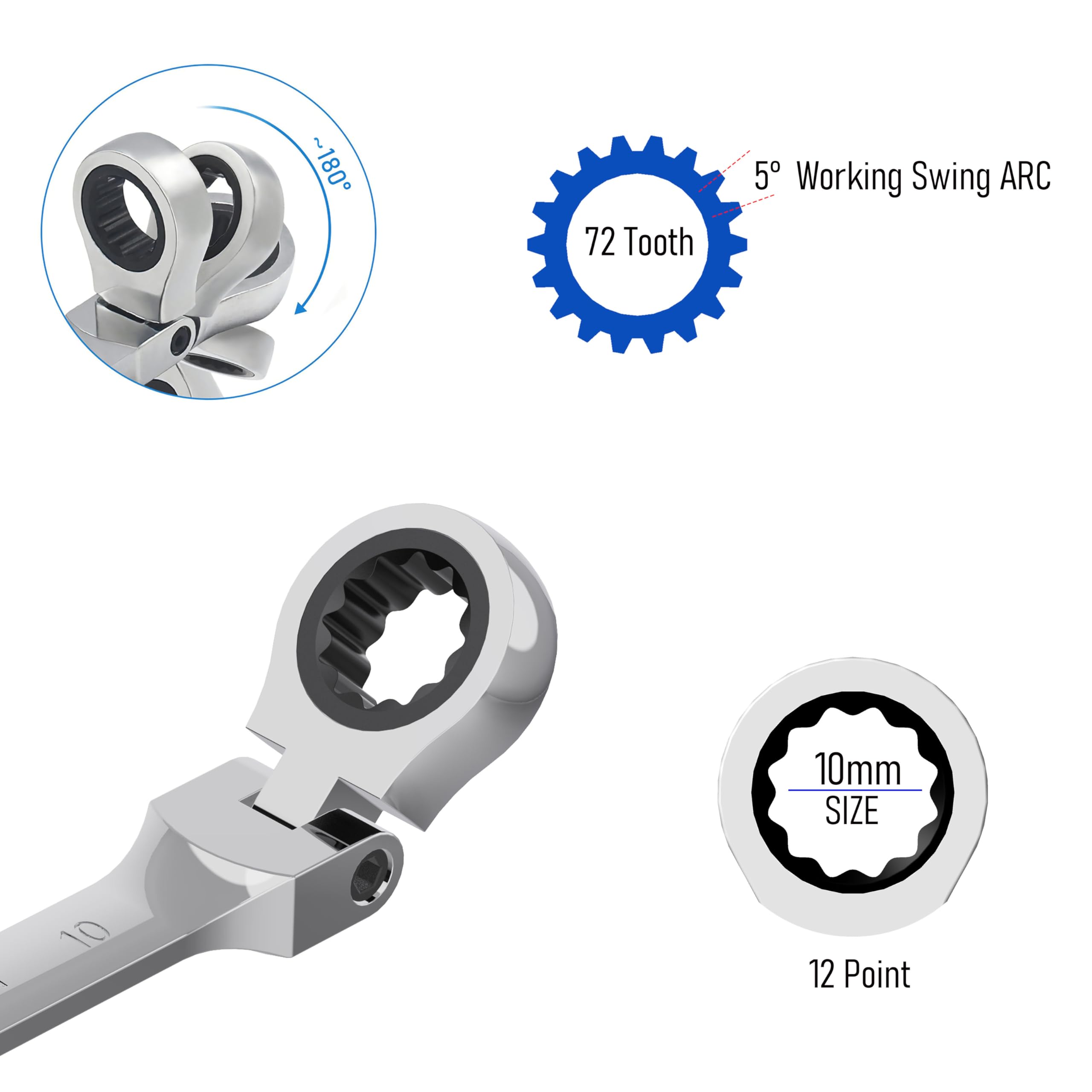 FOCMKEAS 10mm Flex-Head Ratcheting Combination Wrench Metric 72 Teeth 12 Point Ratchet Box Ended and Open End Spanner Tools - Image 3