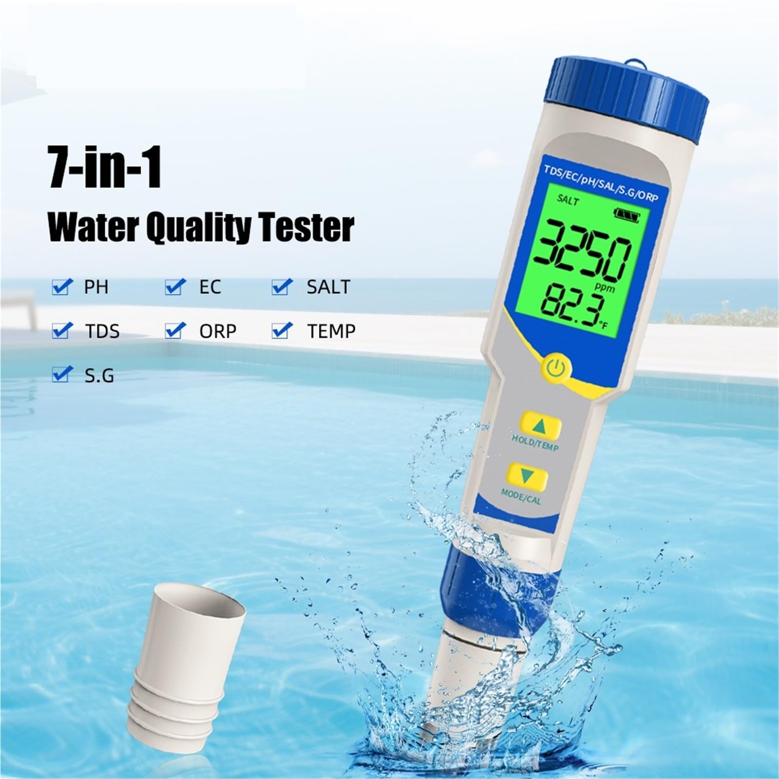 Medidor digital de pH y ORP 7 en 1 for salinidad, alta precisión, probador calidad del agua, kit prueba for piscinas salada, acuarios, estanques spas,Análisis de calidad instantáneo