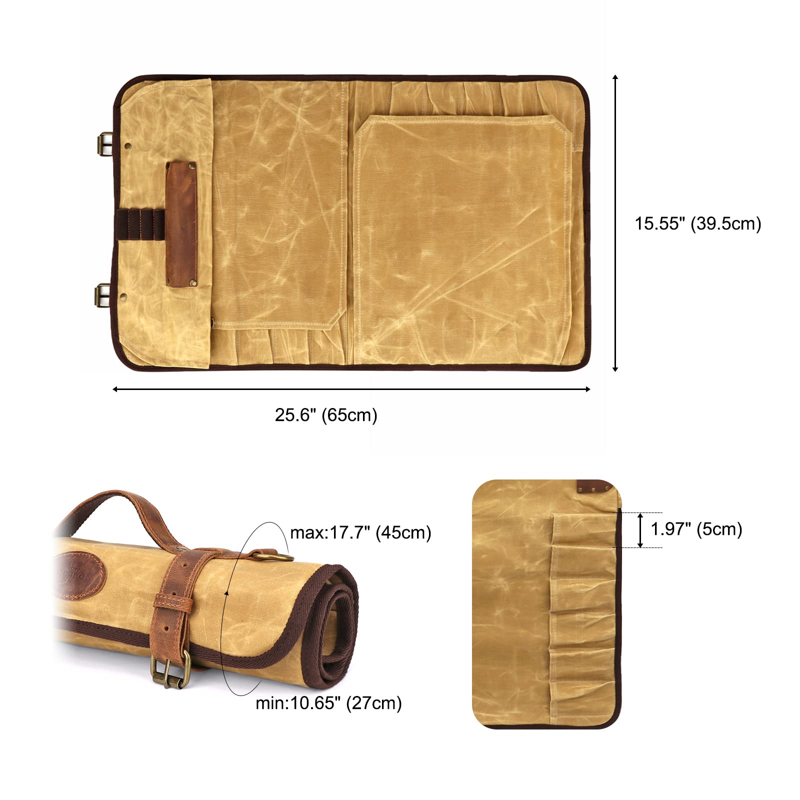TOURBON - Bolsa enrollable para cuchillos de chef, 12 ranuras, lona encerada y cuero, organizador portátil de herramientas de cocina, Brown, 65*39.5cm (unfold), Organizador de bolsas