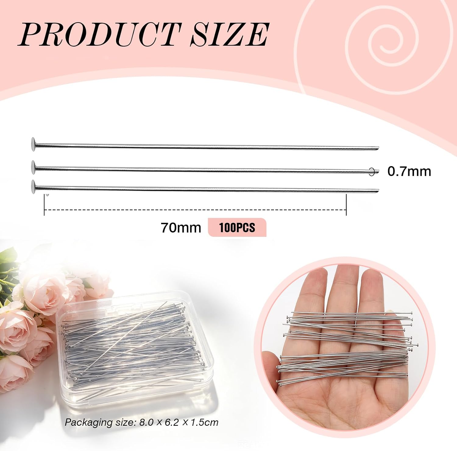 TOAOB 100pcs Stainless Steel Head Pins Silver Flat Headpins Long 70mm
