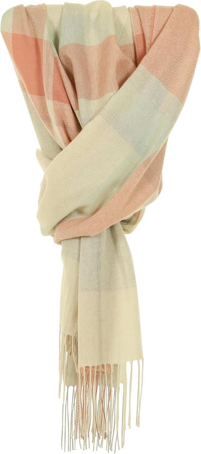 100% Cashmere Summer Lightweight Scarf/Stole/Shawl White & Rose Block Check - Made In Scotland