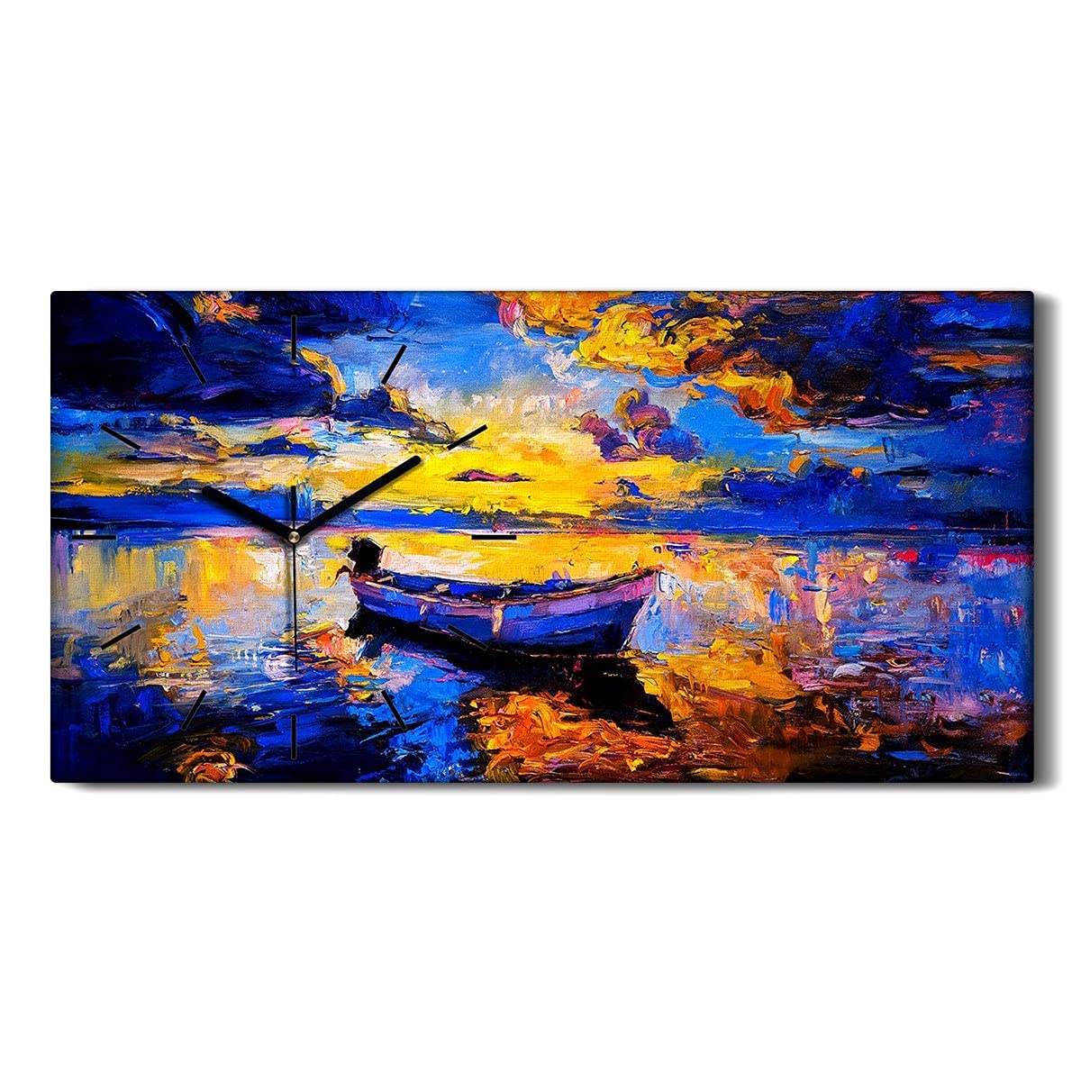 Horloge sur toile 60x30cm motif nuage coloré ciel et eau avec aiguilles noires