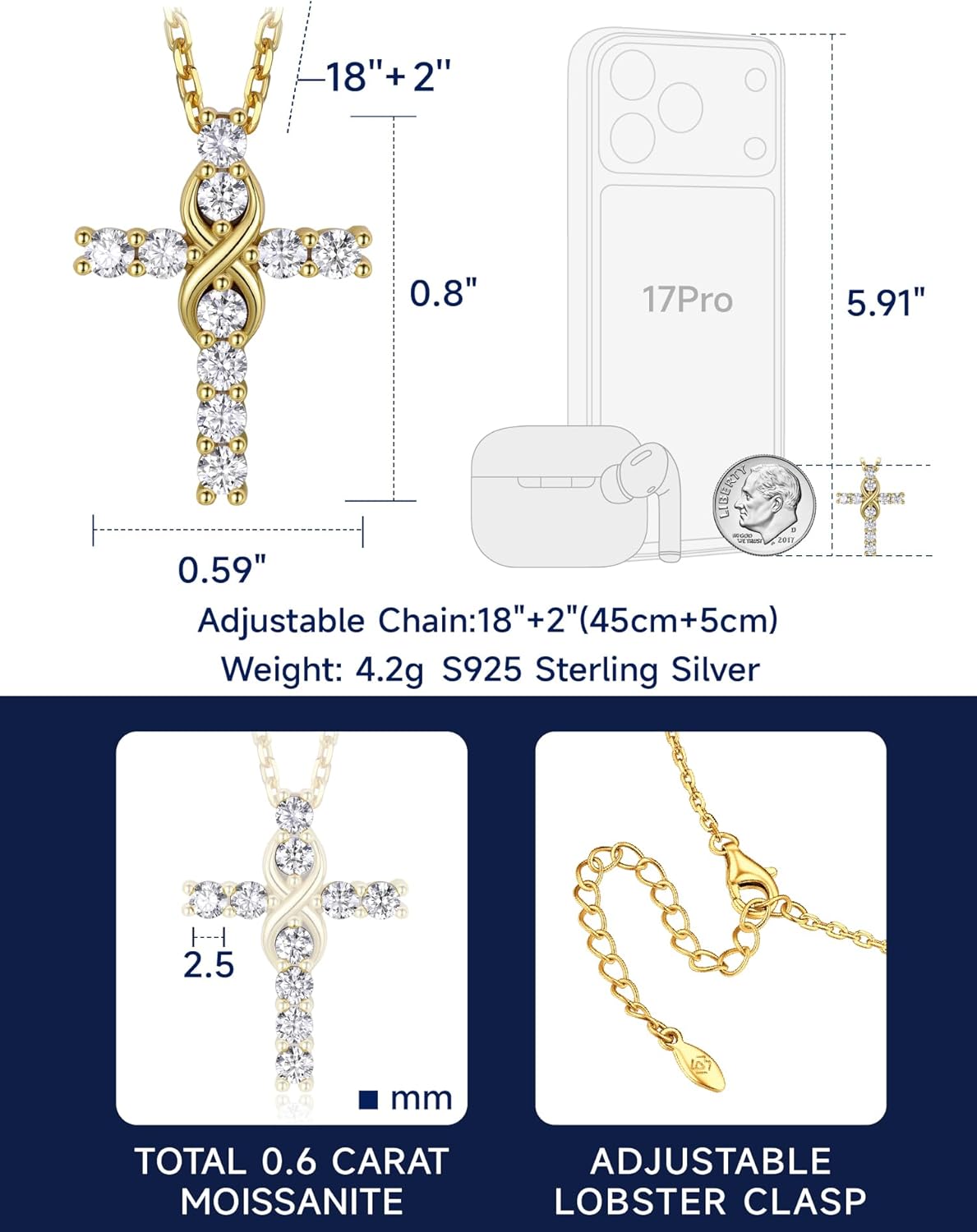 MomentWish Cross Necklace for Women, Christian Gifts for Her, Moissanite Cross Pendant, 925 Sterling Silver Necklaces Religious Anniversary Birthday Gifts for Women-