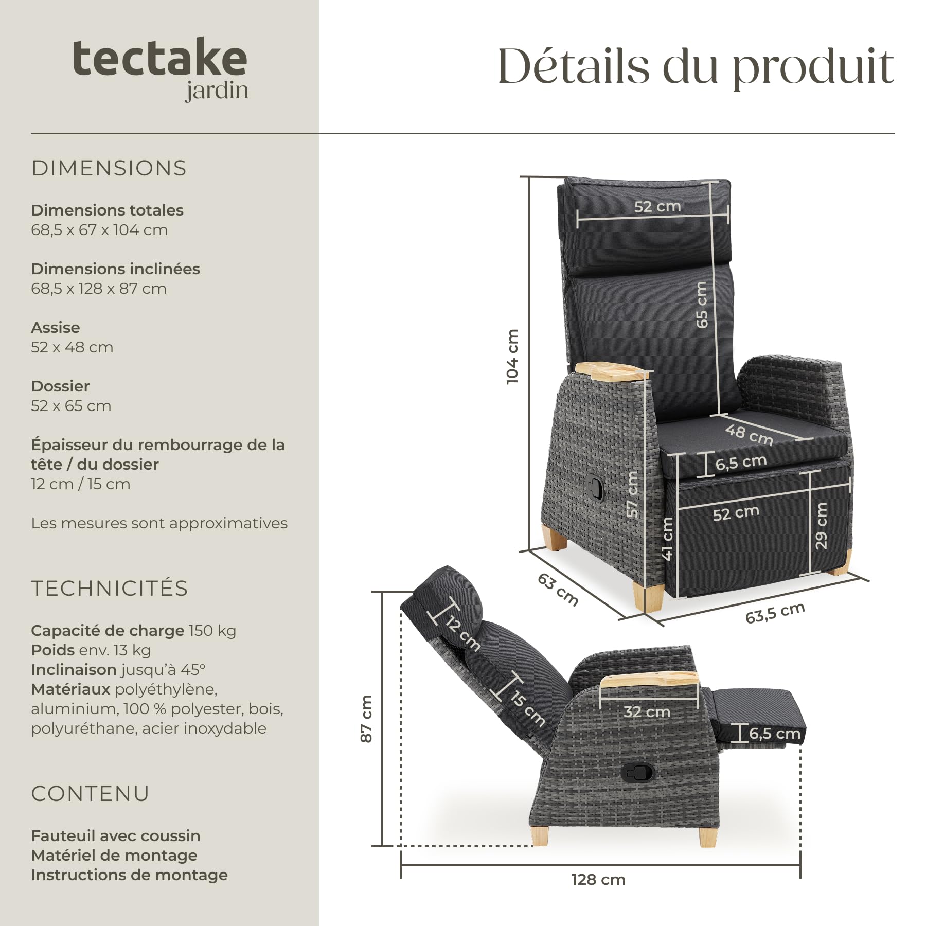 tectake® Fauteuil Salon de Relaxation Chaise de Jardin avec Repose-Pieds, Dossier inclinable, en Aluminium INOX Résine tressée, Salon de Jardin Exterieur/Intérieur, avec Coussins