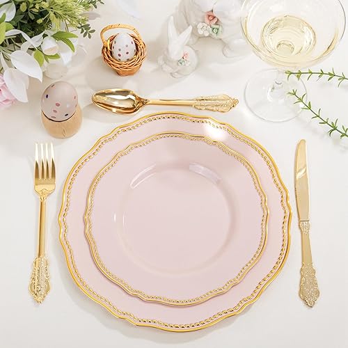 Miniatura 85 de Hioasis 60 platos de plástico dorados, vajilla desechable blanca y dorada con borde dorado, resistente, 10.25 pulgadas, platos llanos para fiestas