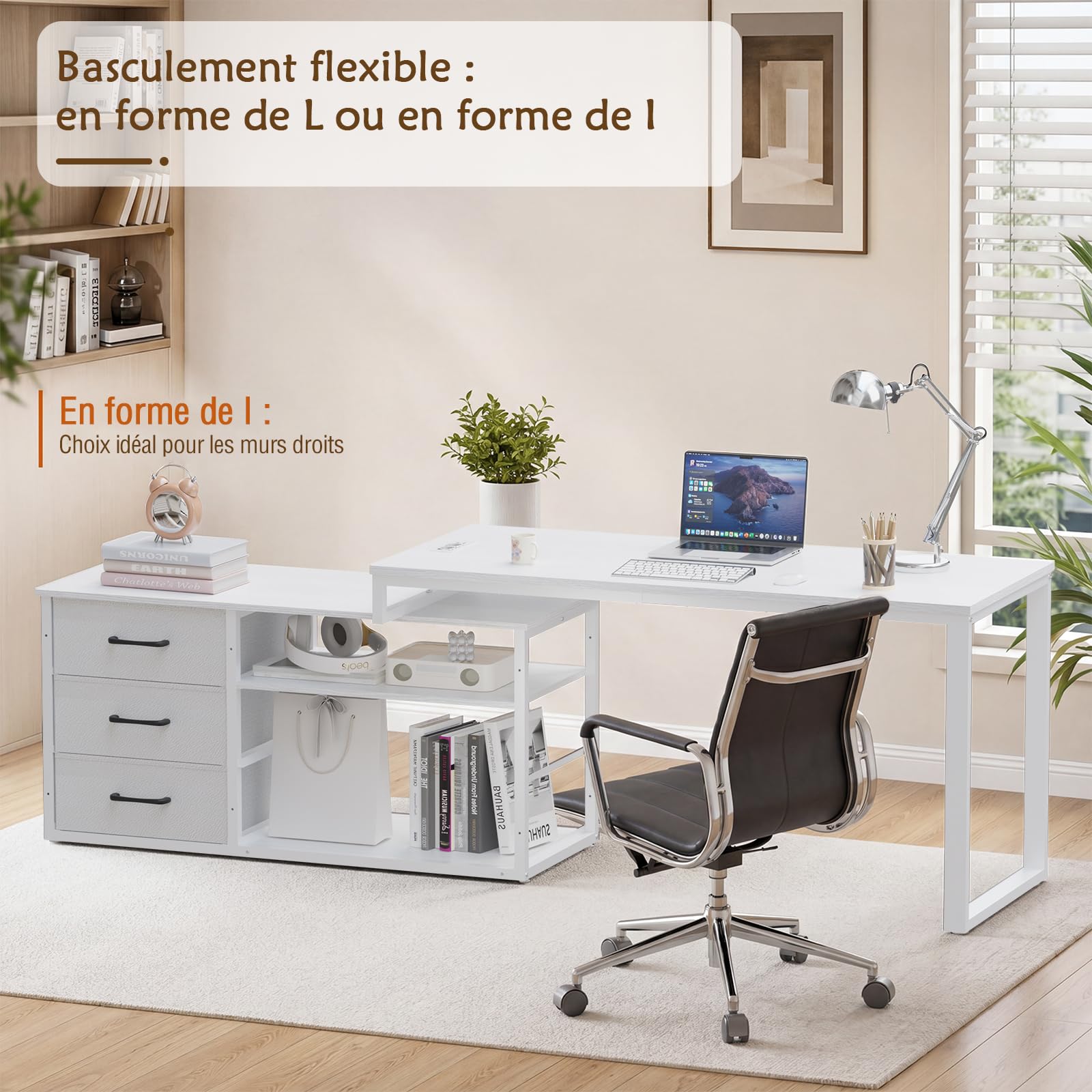 JUMMICO Bureau d'ordinateur 140 x 105 cm, Modèle en L Réversible, 3 Grands Tiroirs, Multiprise Intégrée et Panneau Perforé Réglable, Plateau Blanc avec Pieds Blancs
