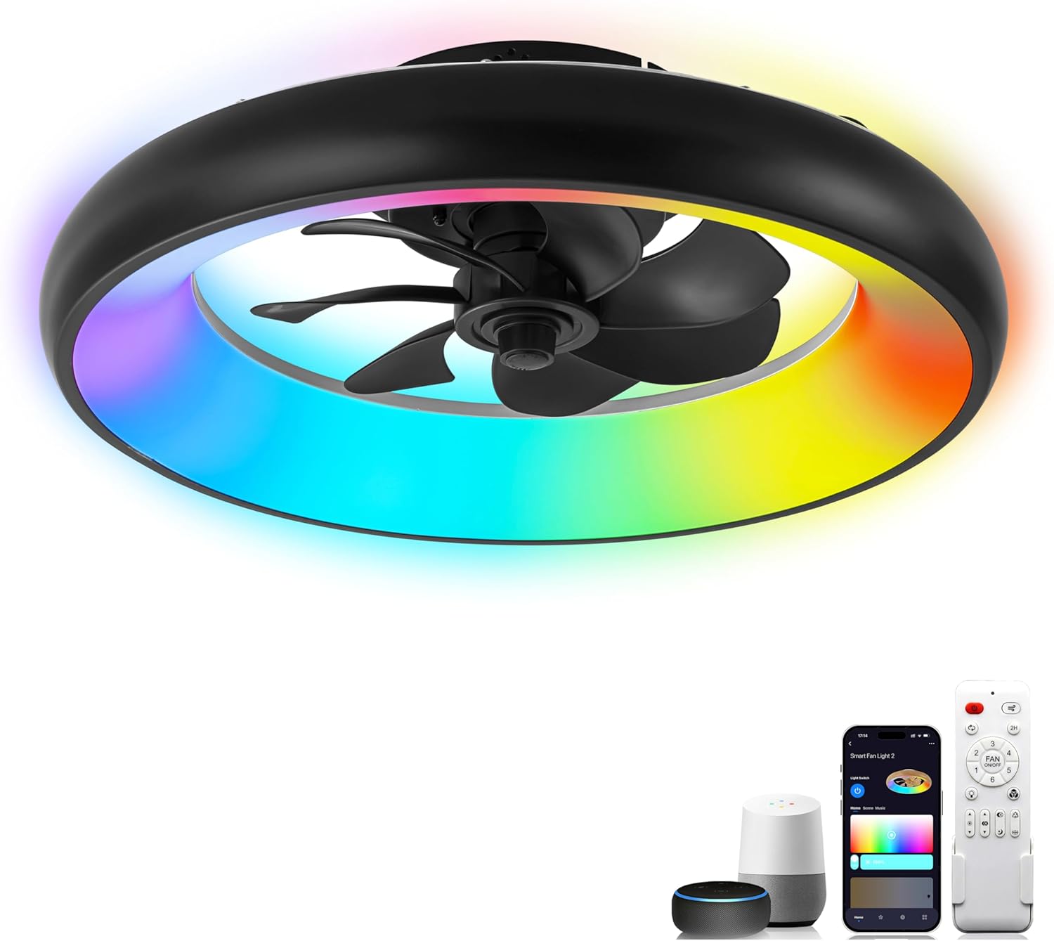 Low Profile Ceiling Fans with Lights, Dimmable Smart RGB Ceiling Fan With Alexa/Google Assistant/App/Remote Control, 6-Speeds Reversible Black LED Ceiling Fan for Bedroom Kitchen Foyer