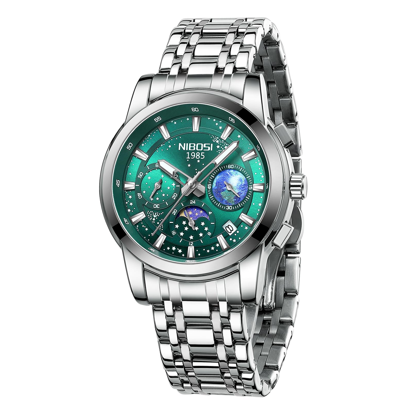 NIBOSI Watches for Men Fashion Casual Military Mens Watch Waterproof Chronograph Quartz Men Wrist Watch Stainless Steel Strap Date, Dial_Green (B0D62T4DZM) Amazon Price History, Amazon Price Tracker