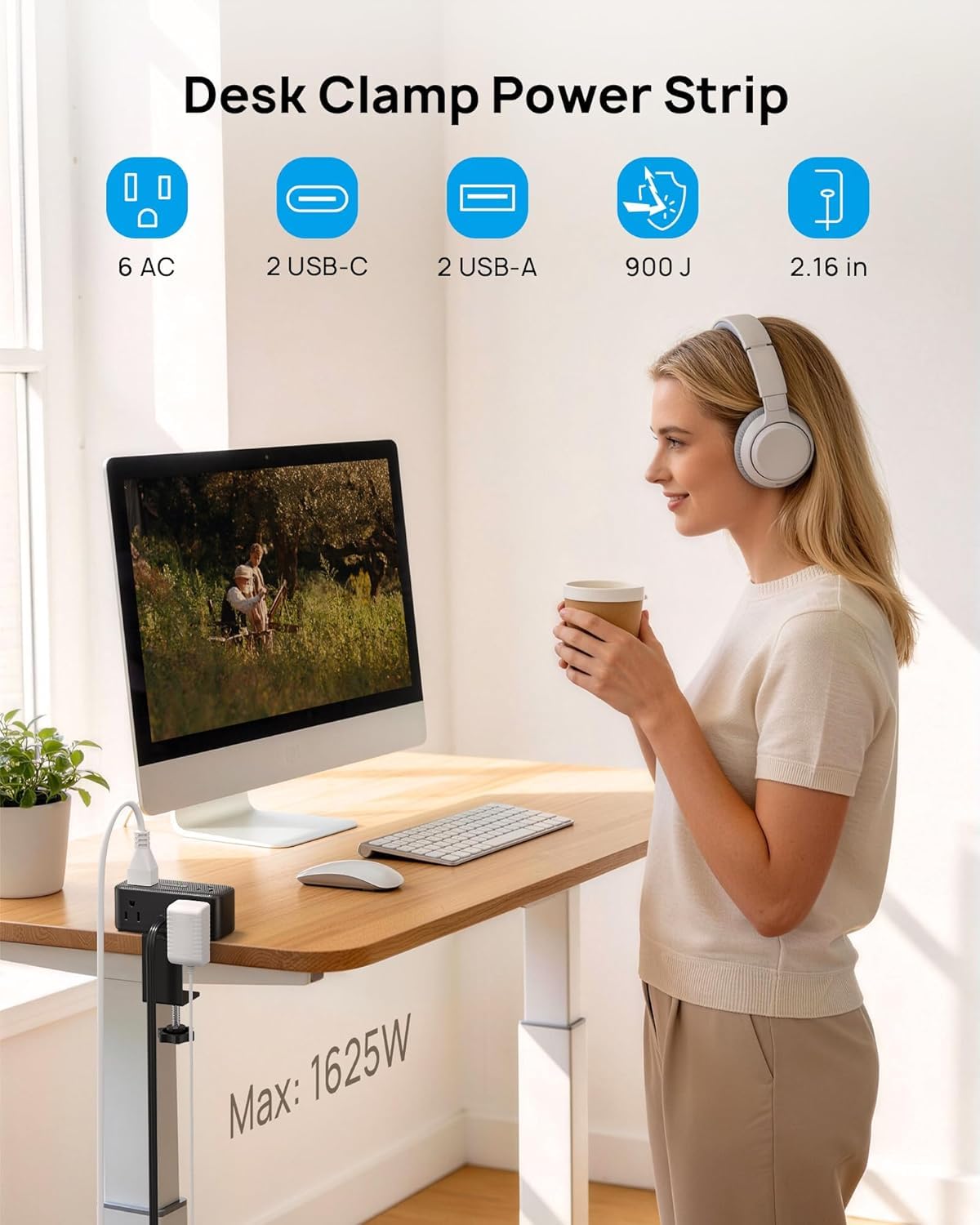 TROND Mehrfachkontakt-Steckdosenleiste für Tischclip, 3 m, flache Steckdose, Verlängerung mit 6 Ausgängen und 4 USB PD 20 W USB C Gesamt, Schnellladestation für Zuhause, Schlafzimmer, Büro