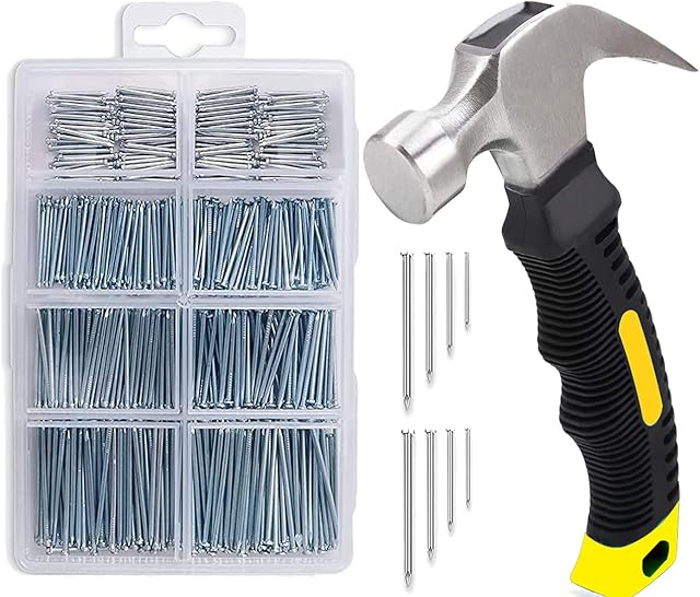 MEAOR Hardware Assorted Nails and Hammer Kit - Includes 8oz Stubby Hammer and 310pcs Picture Hanging Nails & 310pcs Finishing Headless Nails for DIY and Crafts, Woodwork and Furniture