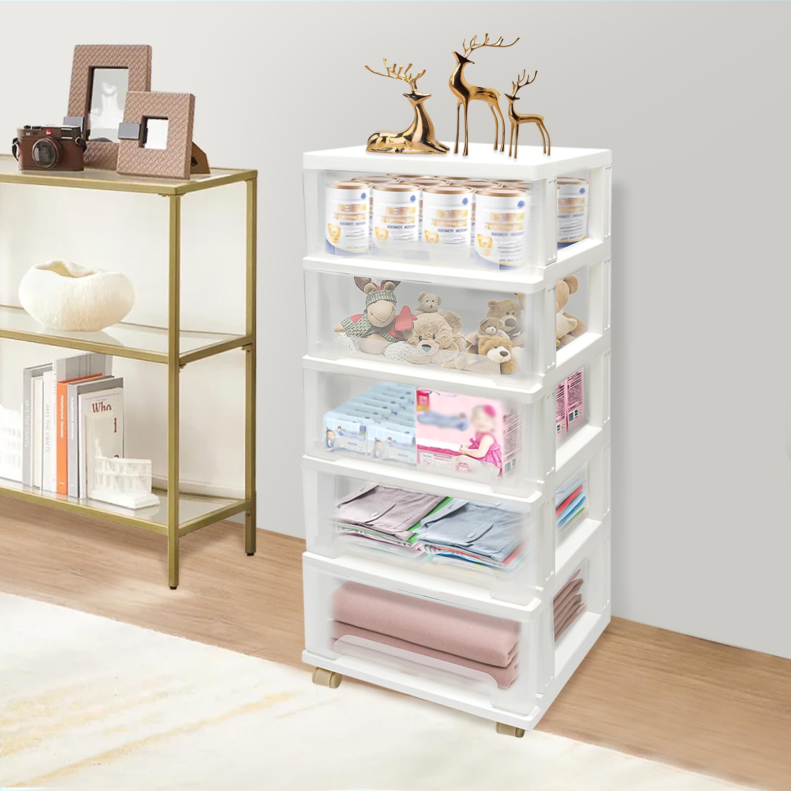 Cassettiera con ruote, 5 cassetti, cassettiera trasparente, in plastica, per libri, gioielli, cosmetici, colore bianco